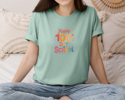brand:Bella Canvas|color:Dusty Blue|Happy 100Th Day Of School Art Graphic T-Shirt