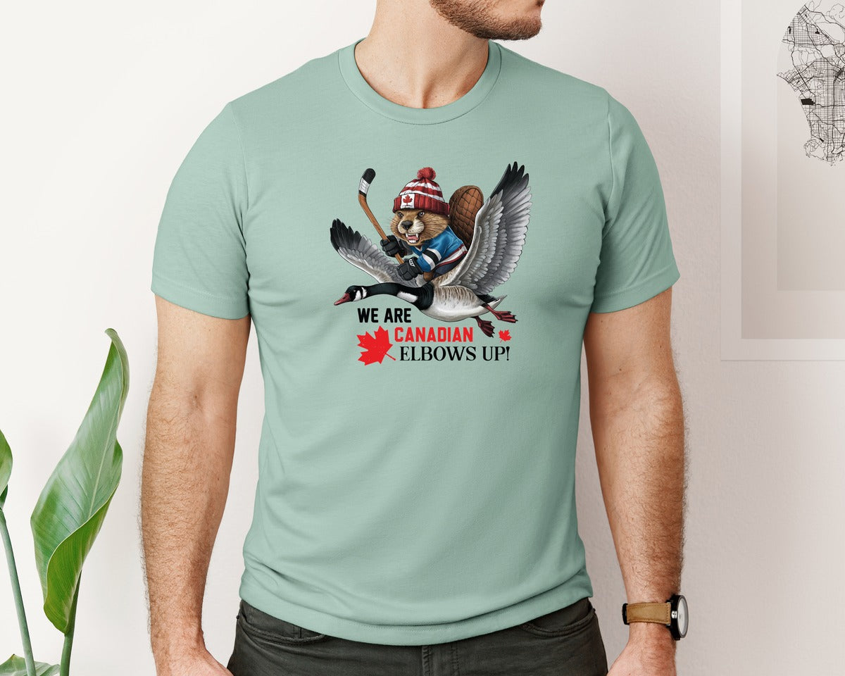 brand:Bella Canvas|color:Dusty Blue|We Are Canada Elbows Up 2 Graphic T-Shirt