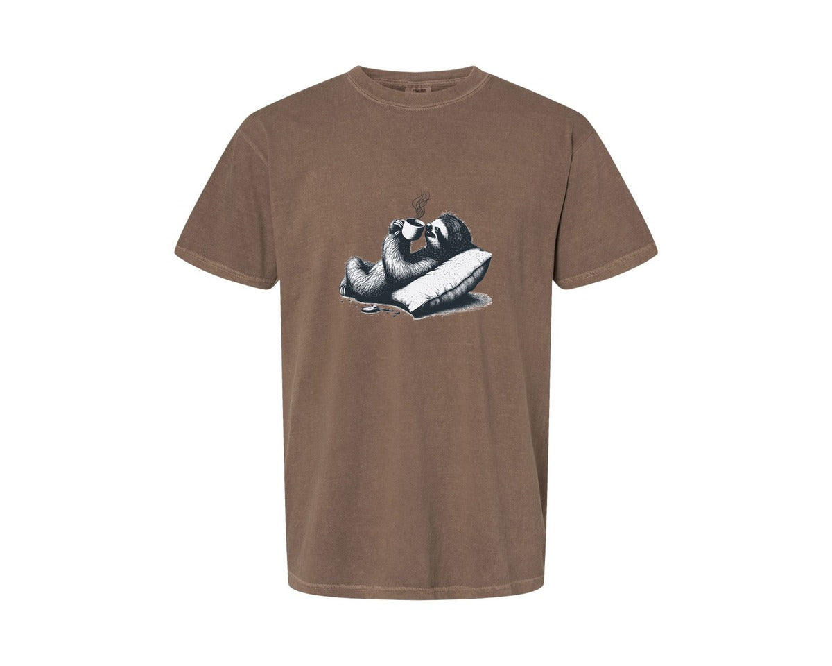 brand:Comfort Colors|color:Espresso|Sloth Lying And Drink Coffee Shirt Graphic T-Shirt