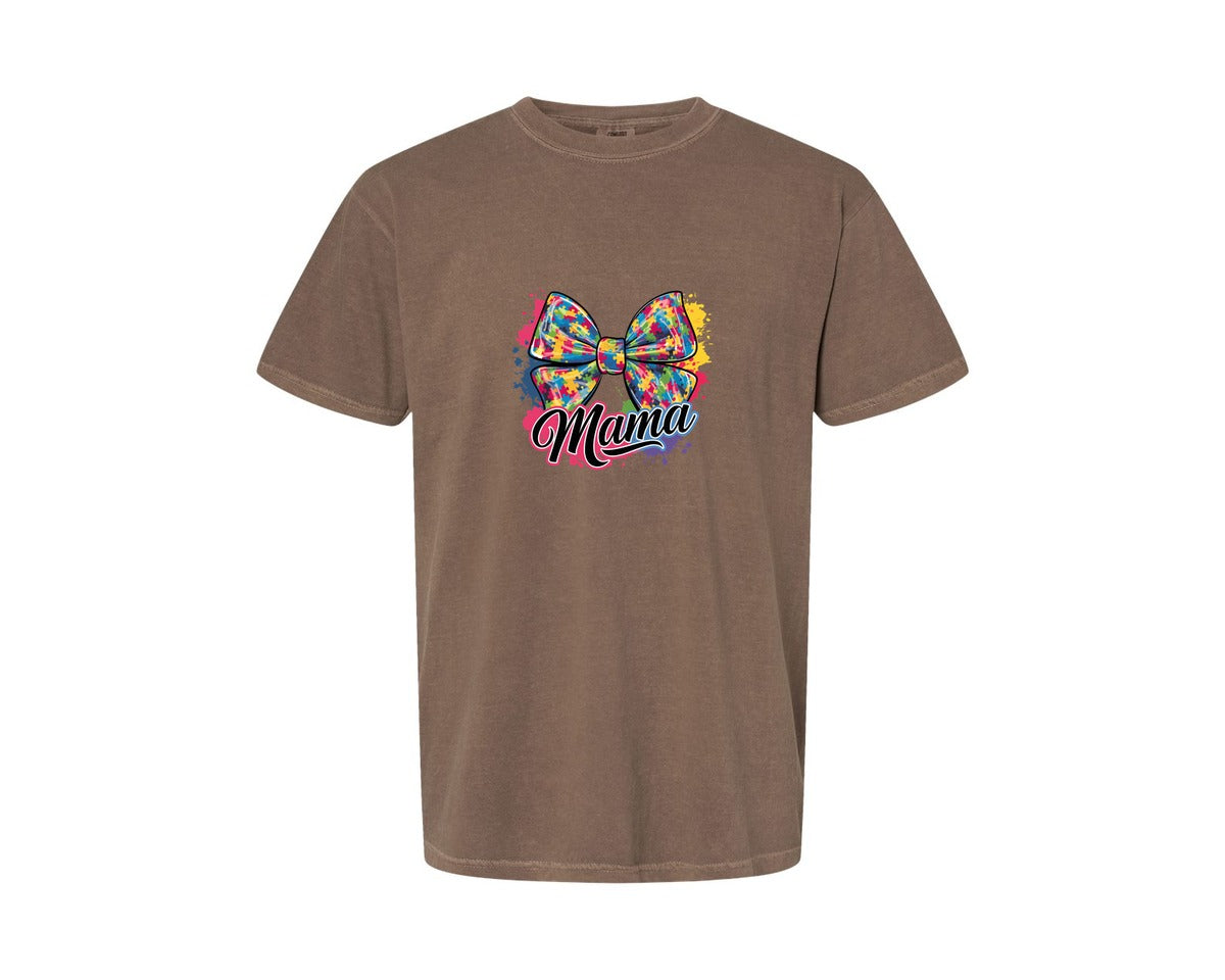 brand:Comfort Colors|color:Espresso|Autism Mama Colorful Puzzle Bow Art Graphic T-Shirt