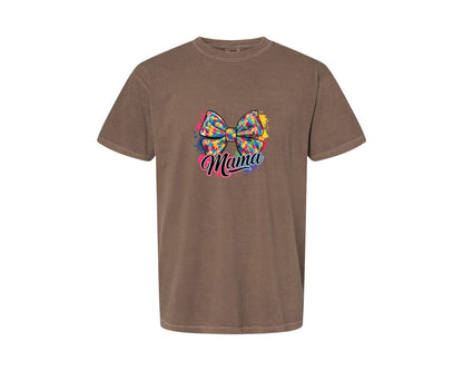 brand:Comfort Colors|color:Espresso|Autism Mama Colorful Puzzle Bow Art Graphic T-Shirt