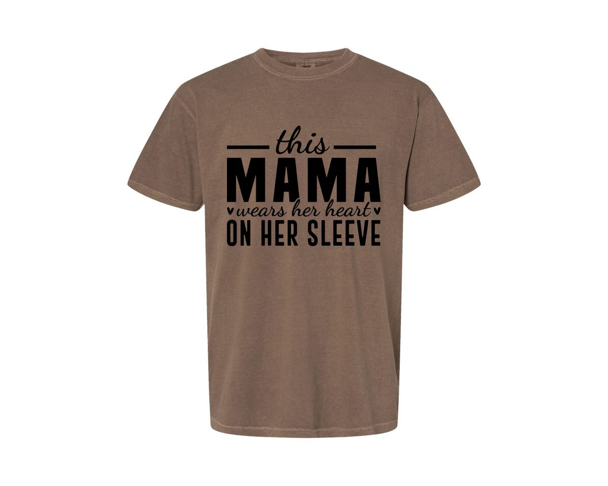 brand:Comfort Colors|color:Espresso|This Mama Wears Her Heart On Her Sleeve 77 Graphic T-Shirt