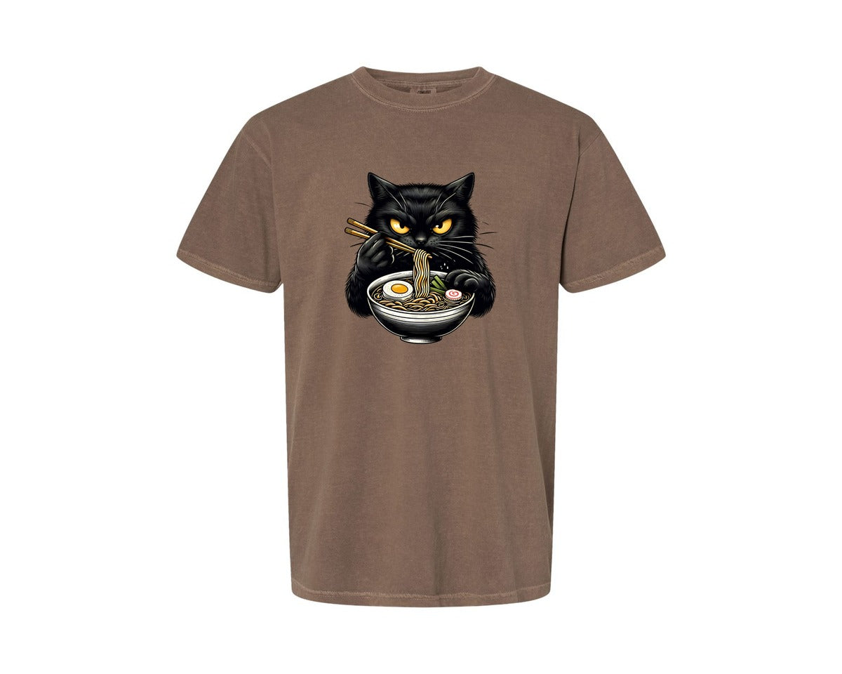 brand:Comfort Colors|color:Espresso|Cute Black Cat Eating Ramen Noodle 3 Graphic T-Shirt