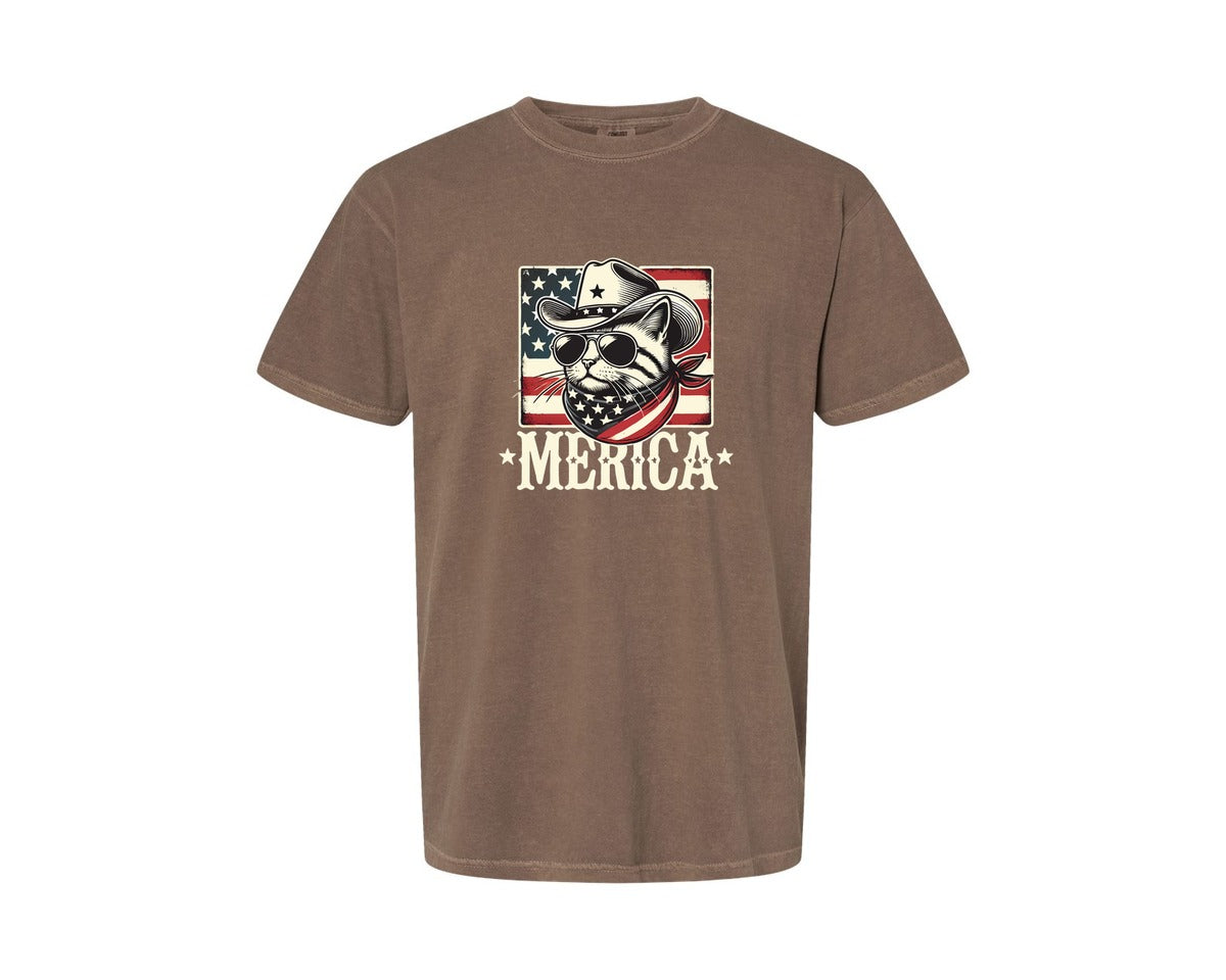 brand:Comfort Colors|color:Espresso|Merica Cat Patriotic Cowboy Cat Graphic T-Shirt