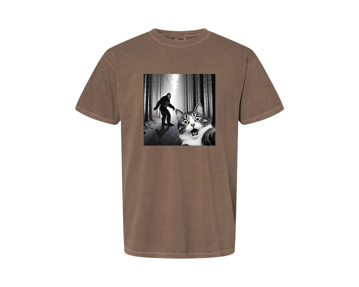 brand:Comfort Colors|color:Espresso|Cat Selfie With Sasquatch Graphic T-Shirt