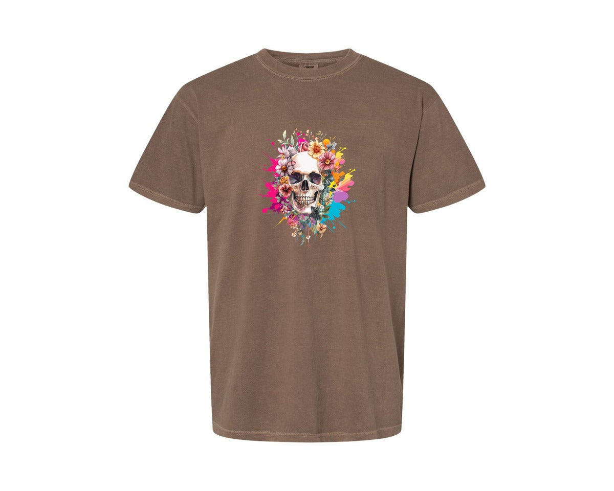 brand:Comfort Colors|color:Espresso|Floral Skull Watercolor Skull Shirt Graphic T-Shirt