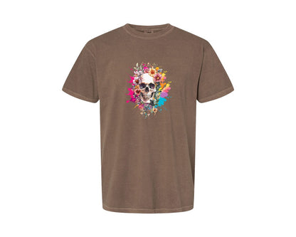 brand:Comfort Colors|color:Espresso|Floral Skull Watercolor Skull Shirt Graphic T-Shirt