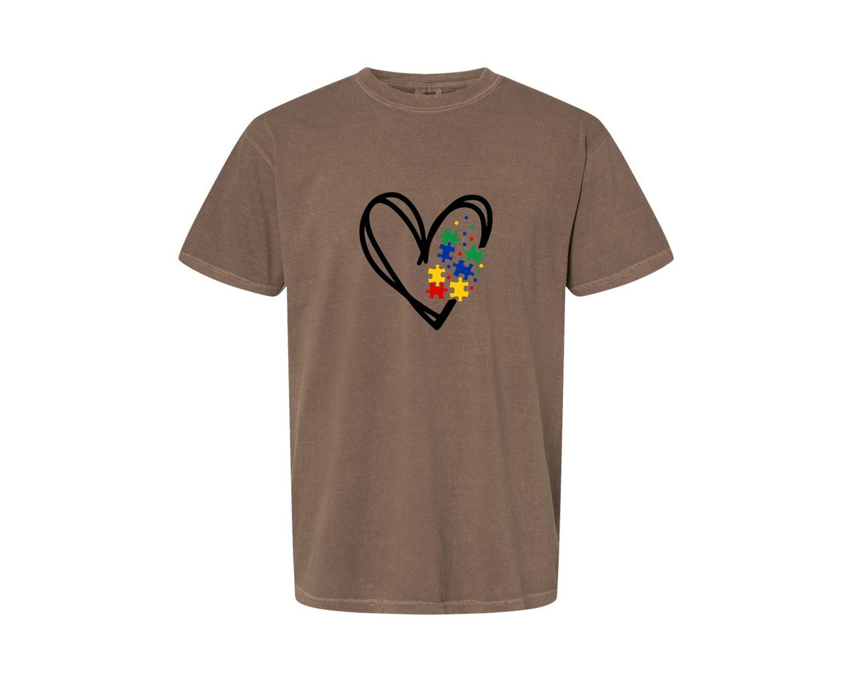 brand:Comfort Colors|color:Espresso|Autism Heart Autism Puzzle Graphic T-Shirt