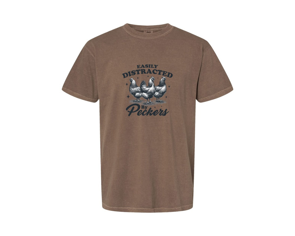 brand:Comfort Colors|color:Espresso|Funny Easily Distracted By Peckers Shirt Graphic T-Shirt
