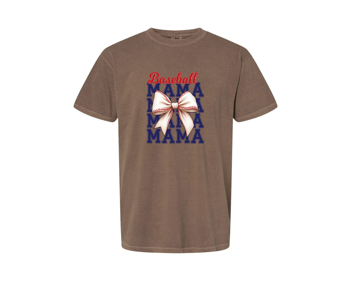 brand:Comfort Colors|color:Espresso|Baseball Mama Mom Coquette Bow Game Graphic T-Shirt