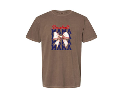 brand:Comfort Colors|color:Espresso|Baseball Mama Mom Coquette Bow Game Graphic T-Shirt