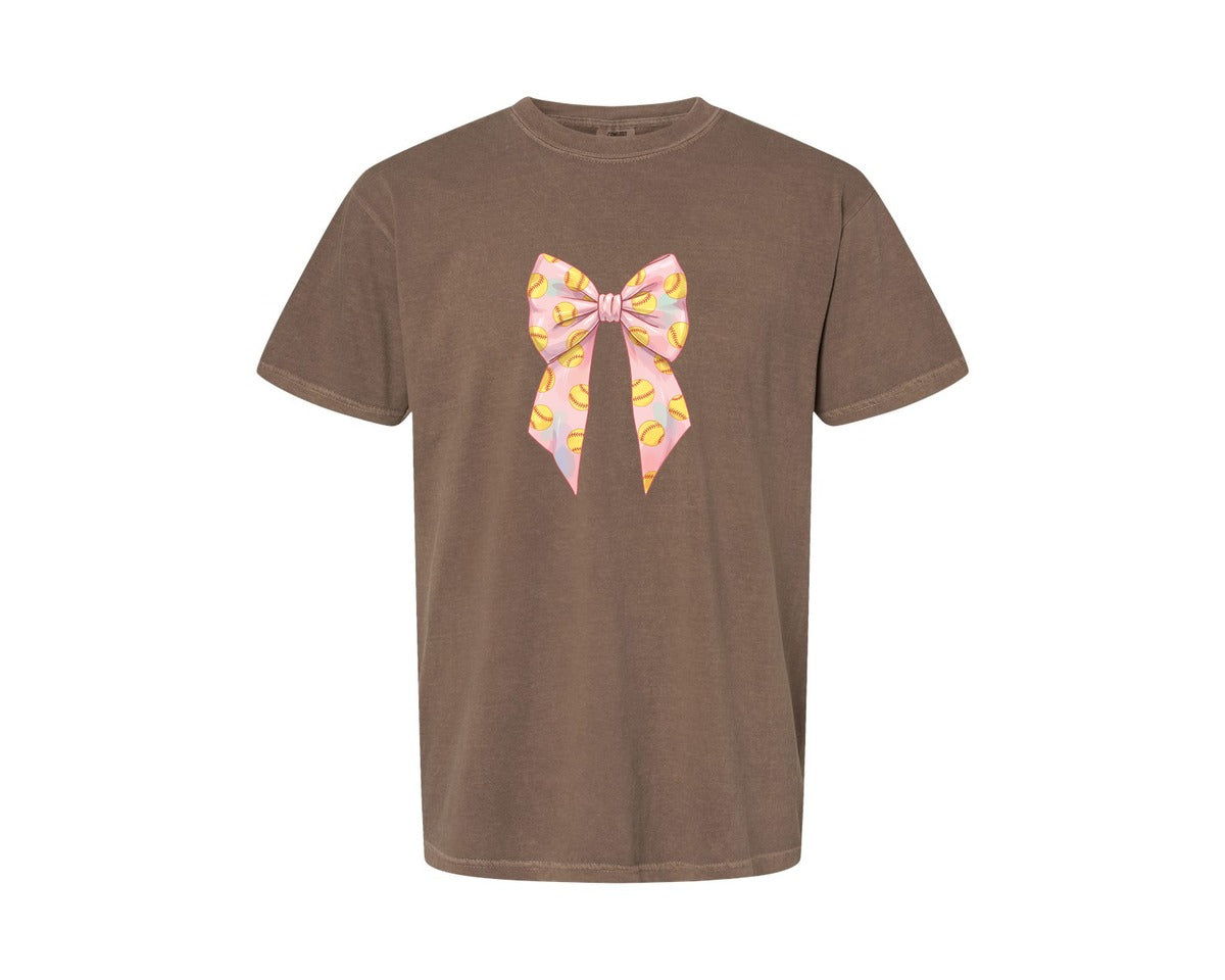 brand:Comfort Colors|color:Espresso|Softball Bow Graphic T-Shirt