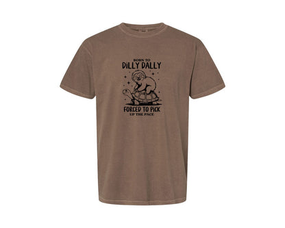 brand:Comfort Colors|color:Espresso|Born To Dilly Dally Funny Sloth Graphic T-Shirt