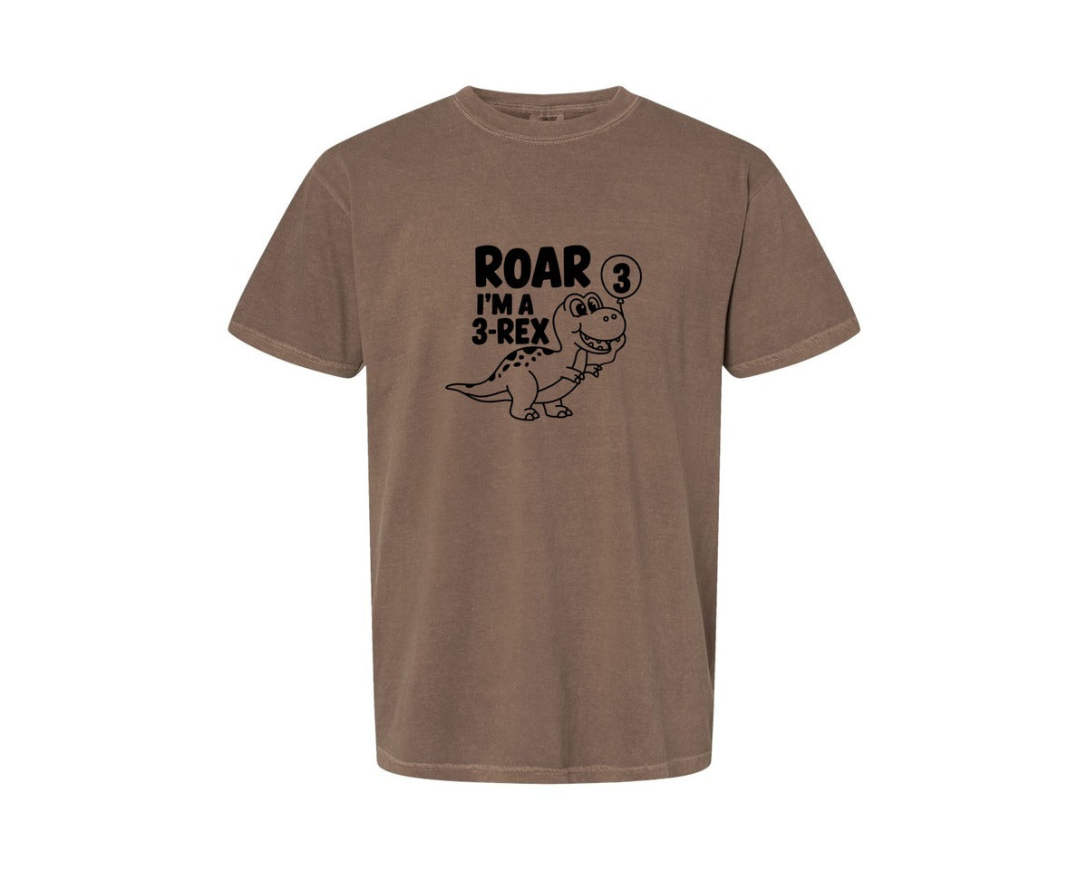 brand:Comfort Colors|color:Espresso|3 Rex Dinosaur Birthday Graphic T-Shirt