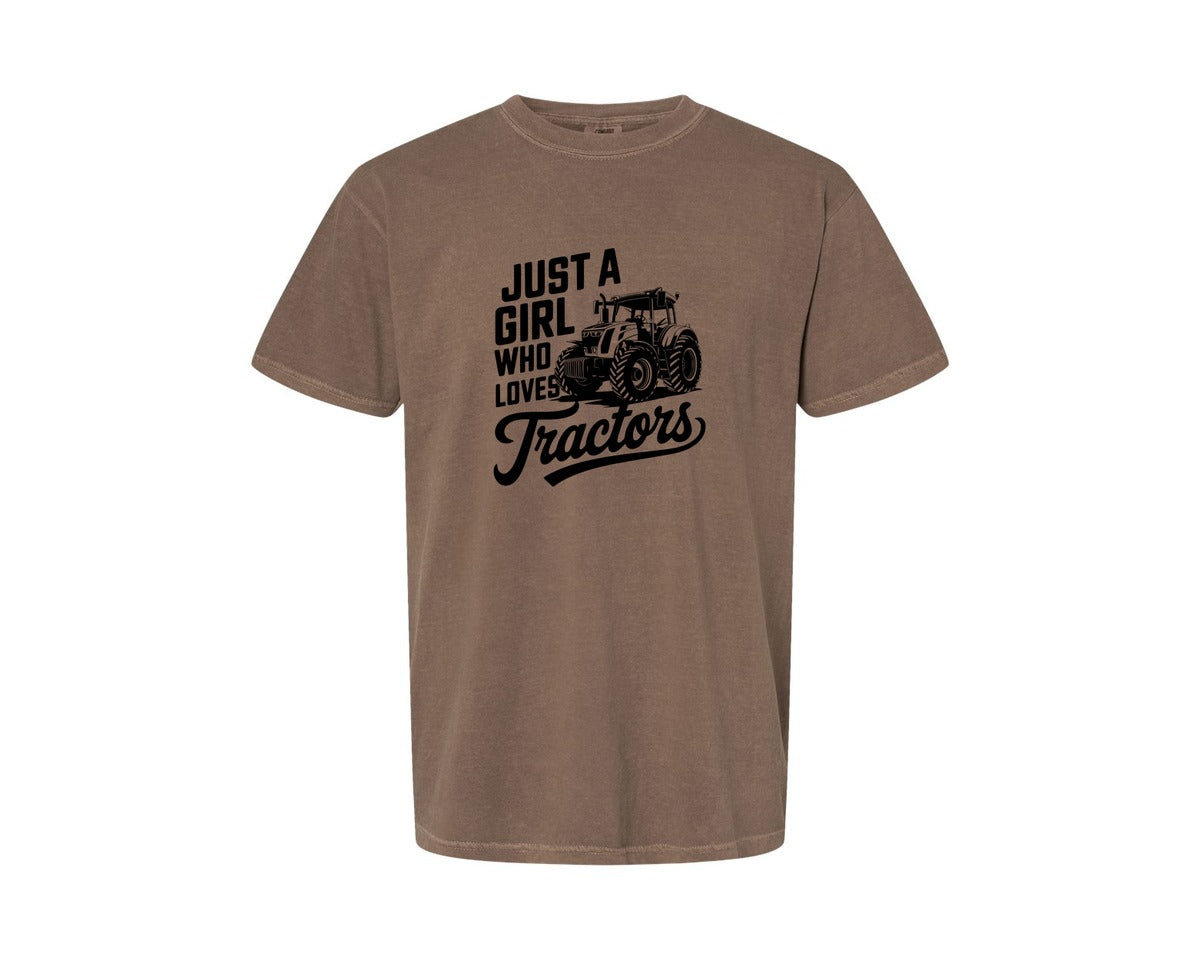 brand:Comfort Colors|color:Espresso|Just A Girl Who Loves Tractors T Shi Graphic T-Shirt