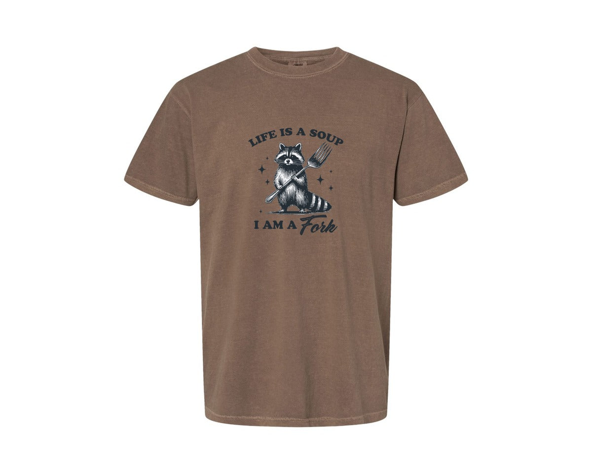 brand:Comfort Colors|color:Espresso|Life Is A Soup I Am A Fork Raccoon Shirt Graphic T-Shirt