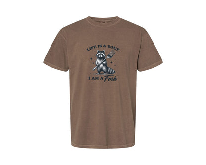 brand:Comfort Colors|color:Espresso|Life Is A Soup I Am A Fork Raccoon Shirt Graphic T-Shirt