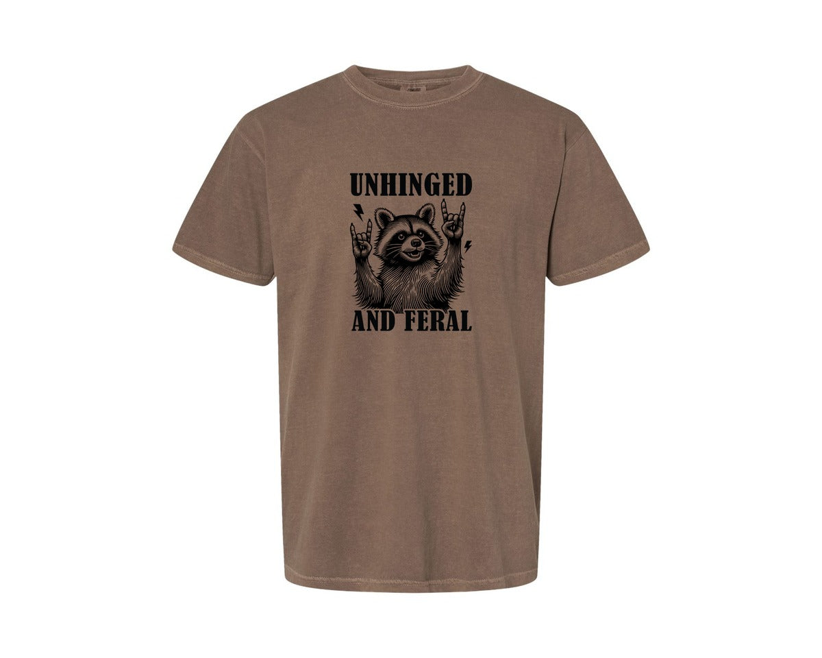 brand:Comfort Colors|color:Espresso|Unhinged And Feral Vintage Raccoon Meme Graphic T-Shirt