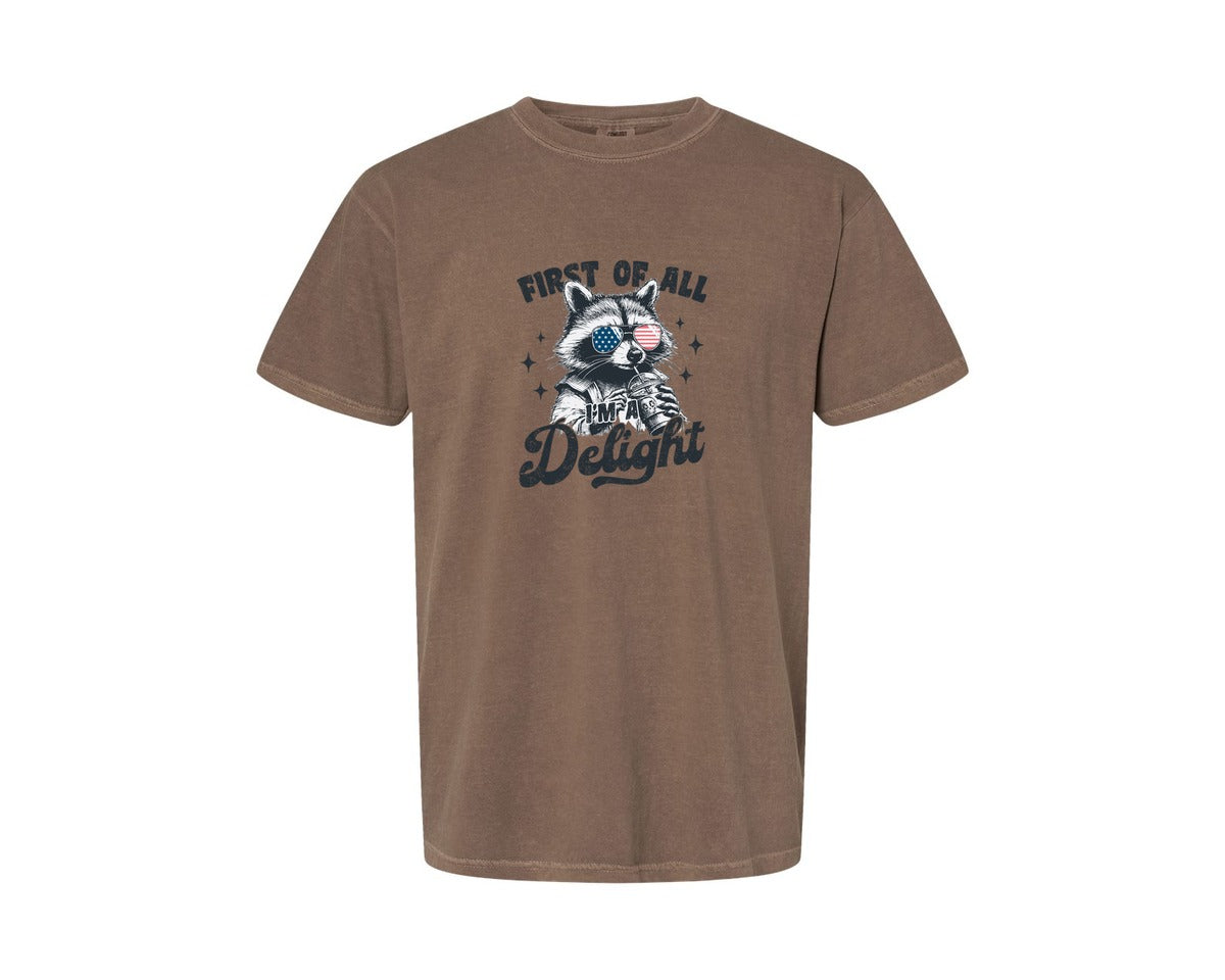 brand:Comfort Colors|color:Espresso|First Of All Im A Delight Funny Raccoon 3 Graphic T-Shirt