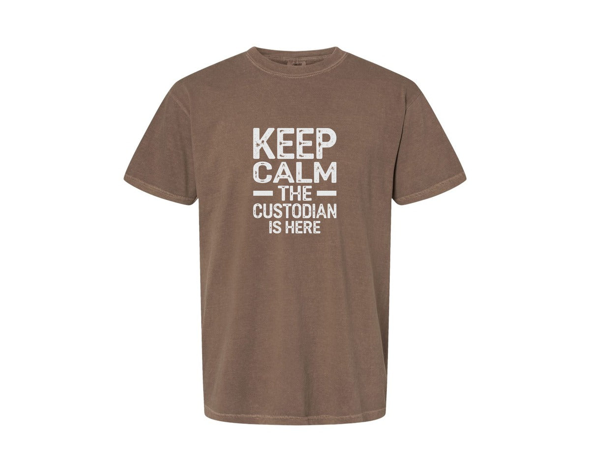 brand:Comfort Colors|color:Espresso|Keep Calm Custodian Here Graphic T-Shirt