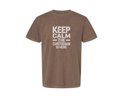 brand:Comfort Colors|color:Espresso|Keep Calm Custodian Here Graphic T-Shirt