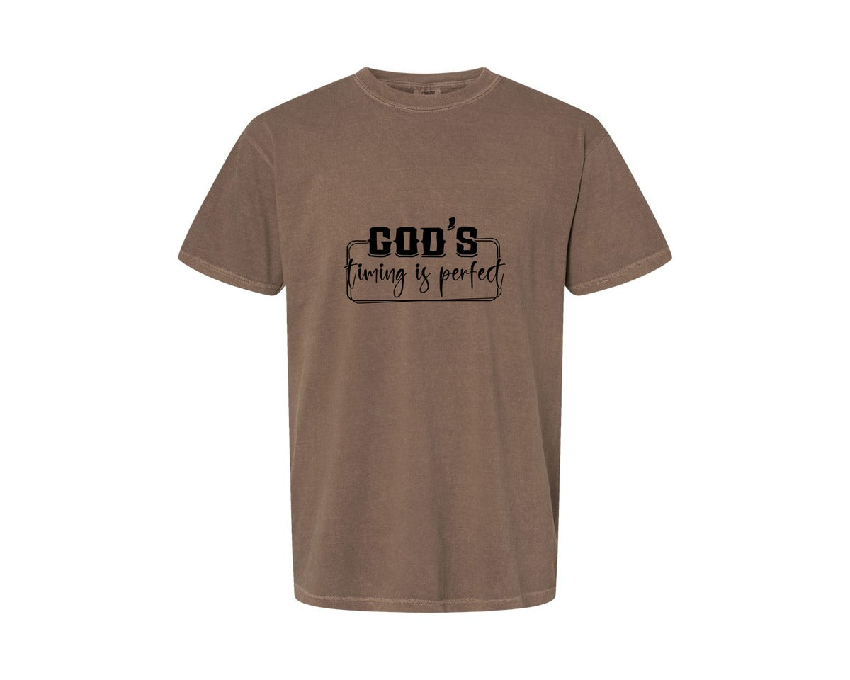 brand:Comfort Colors|color:Espresso|Gods Timing Is Perfect Sleeve Design Graphic T-Shirt