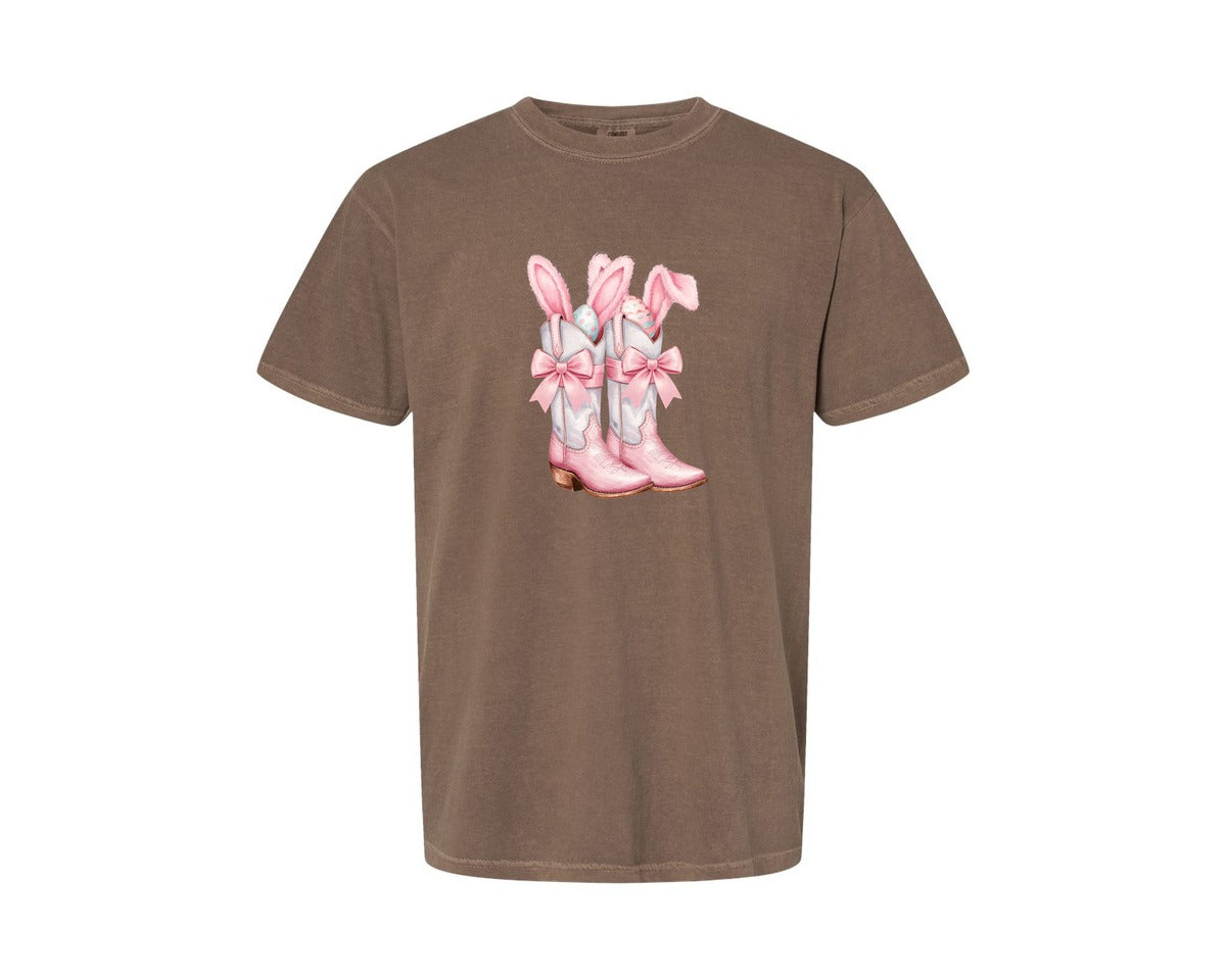 brand:Comfort Colors|color:Espresso|Howdy Western Easter Bunny Cowboy Boots Graphic T-Shirt