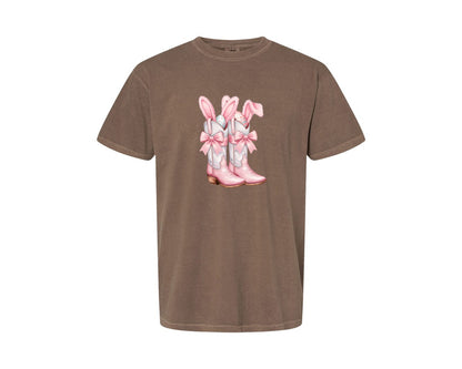 brand:Comfort Colors|color:Espresso|Howdy Western Easter Bunny Cowboy Boots Graphic T-Shirt
