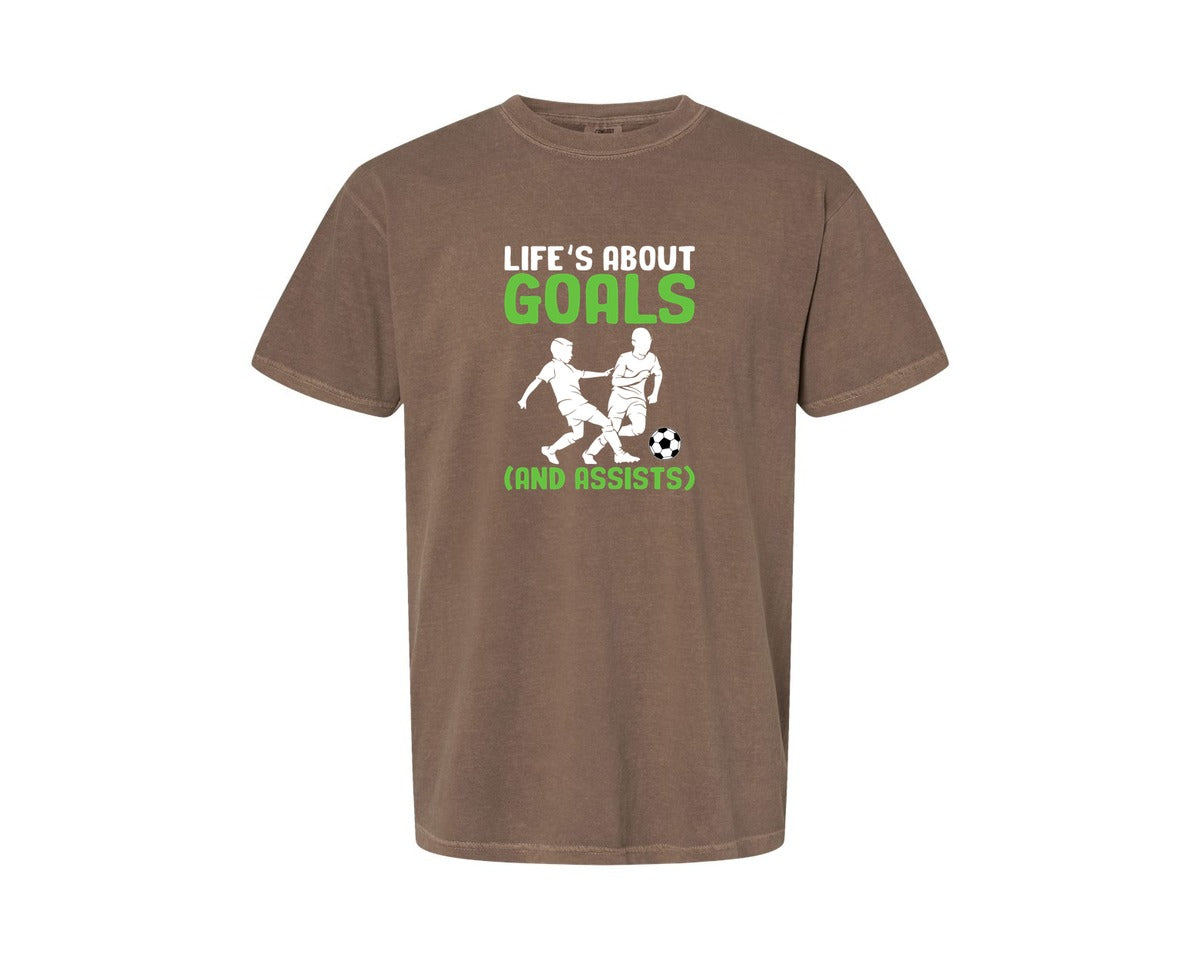 brand:Comfort Colors|color:Espresso|Lifes About Goals Soccer T Shirt Graphic T-Shirt