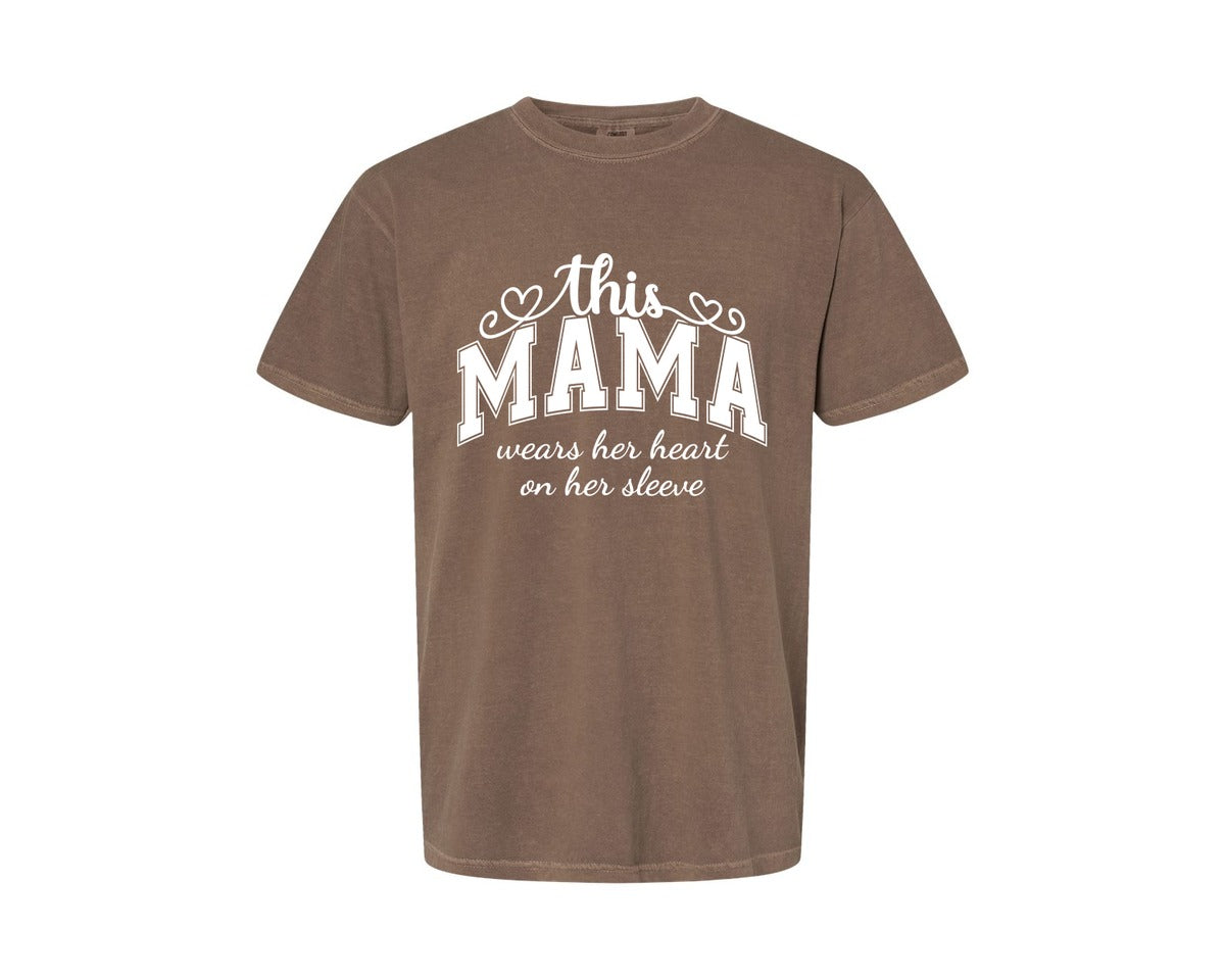 brand:Comfort Colors|color:Espresso|This Mama Wears Her Heart On Her Sleeve 74 Graphic T-Shirt