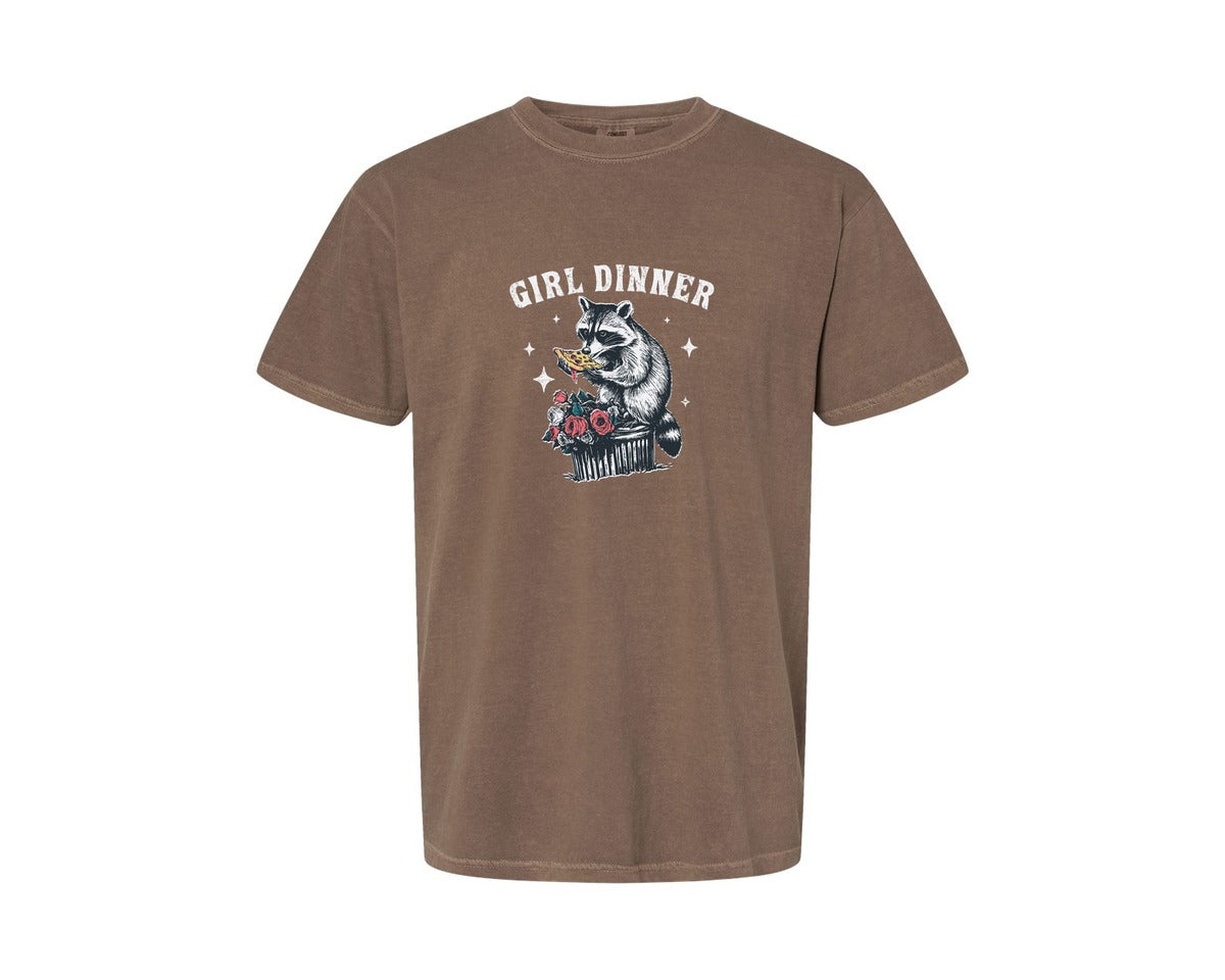 brand:Comfort Colors|color:Espresso|Girl Dinner Raccoon Eat Pizza Shirt Graphic T-Shirt
