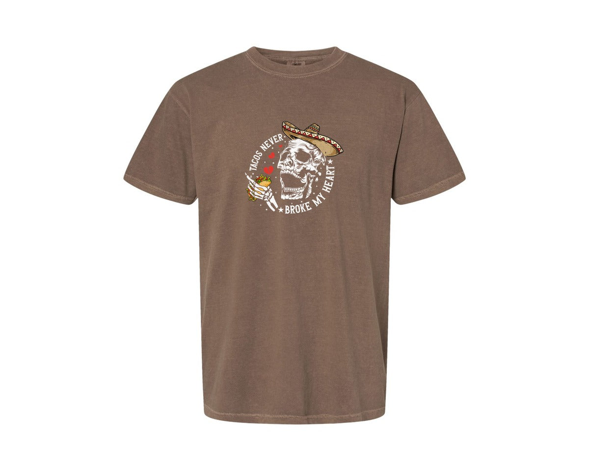 brand:Comfort Colors|color:Espresso|Tacos Never Broke My Heart Skeleton Graphic T-Shirt