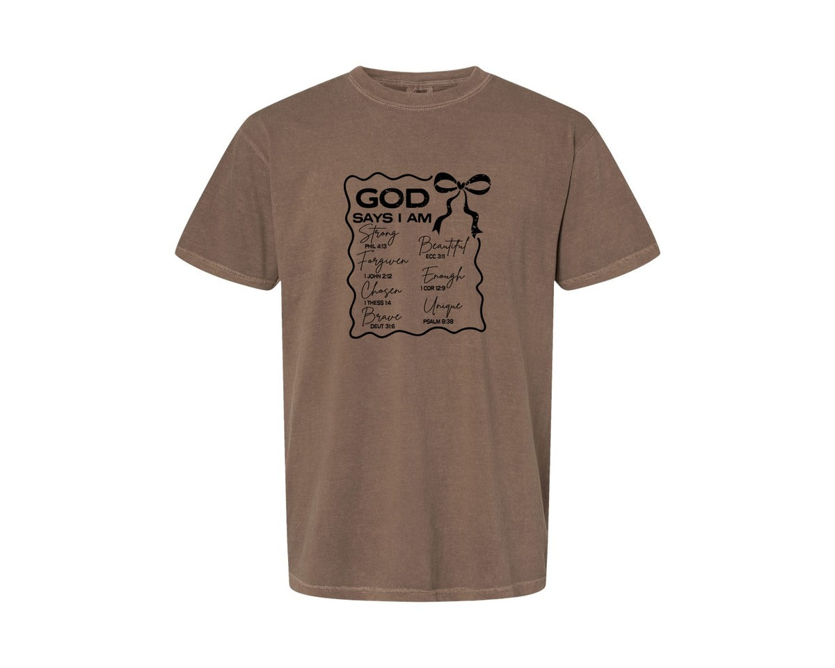 brand:Comfort Colors|color:Espresso|God Says I Am Coquette Christian Graphic T-Shirt