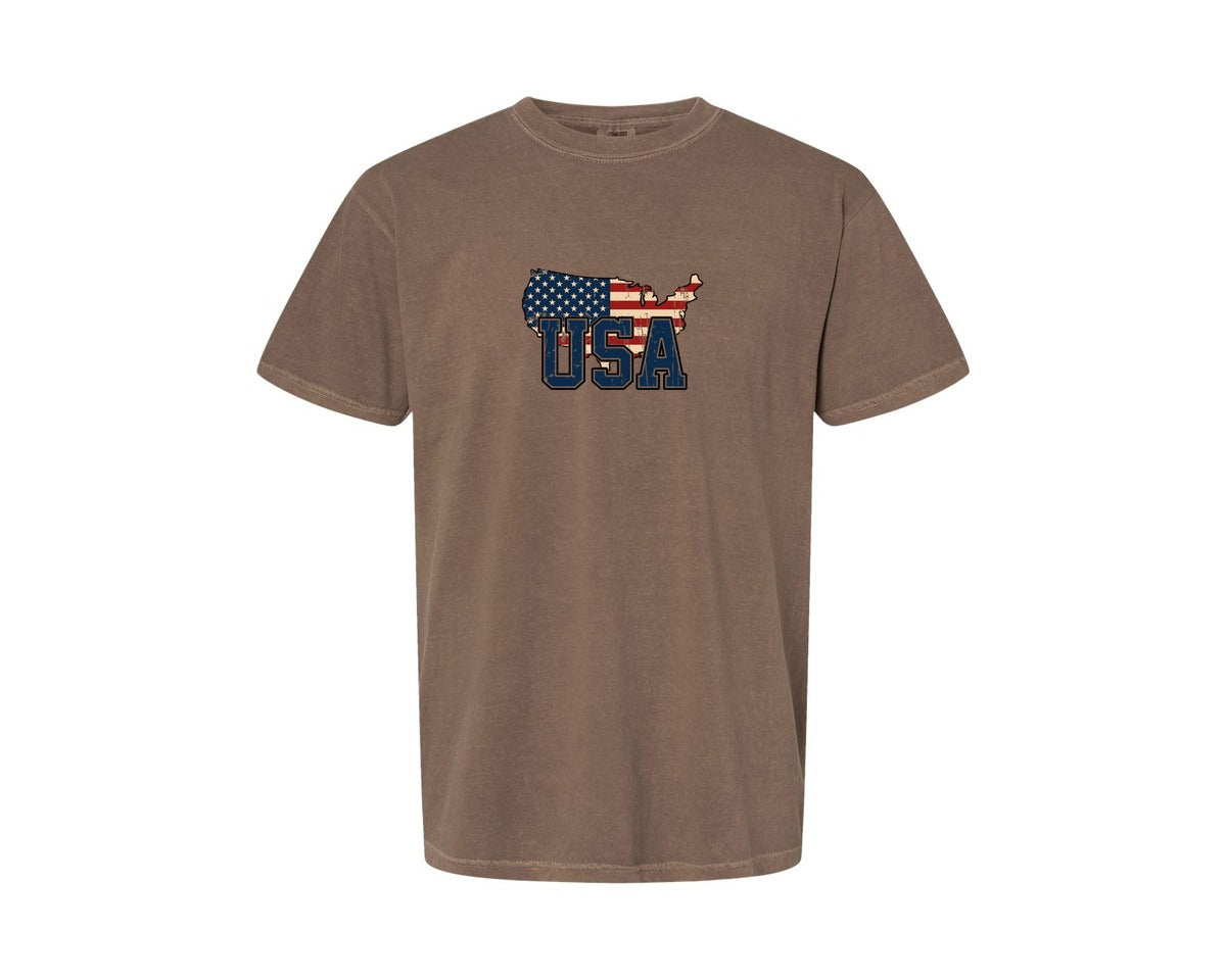 brand:Comfort Colors|color:Espresso|America Usa Map 4Th Of July Patriotic Graphic T-Shirt