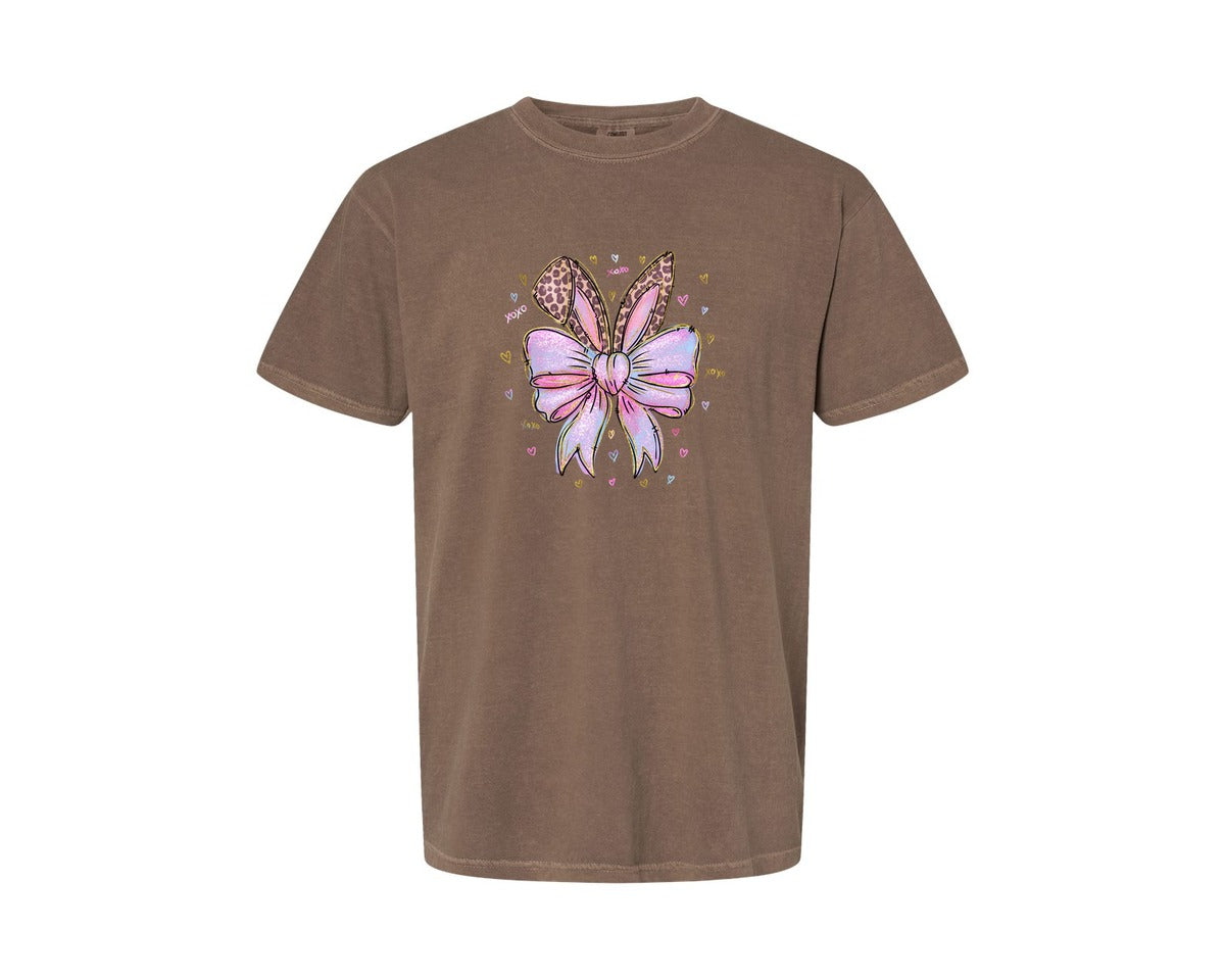 brand:Comfort Colors|color:Espresso|Leopard Bunny Ears Pink Blue Bow Graphic T-Shirt