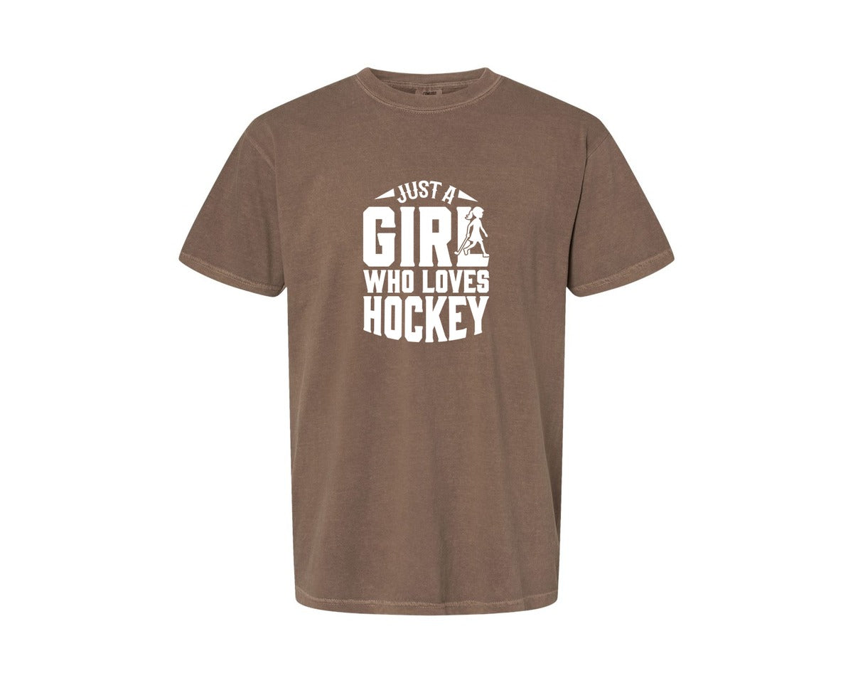 brand:Comfort Colors|color:Espresso|Girl Who Loves Hockey Hockey Graphic T-Shirt
