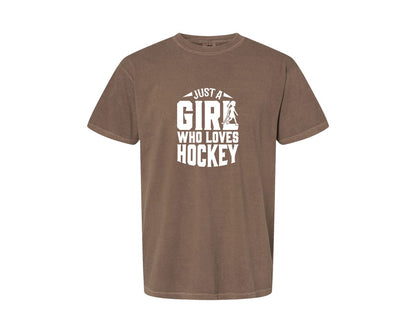 brand:Comfort Colors|color:Espresso|Girl Who Loves Hockey Hockey Graphic T-Shirt