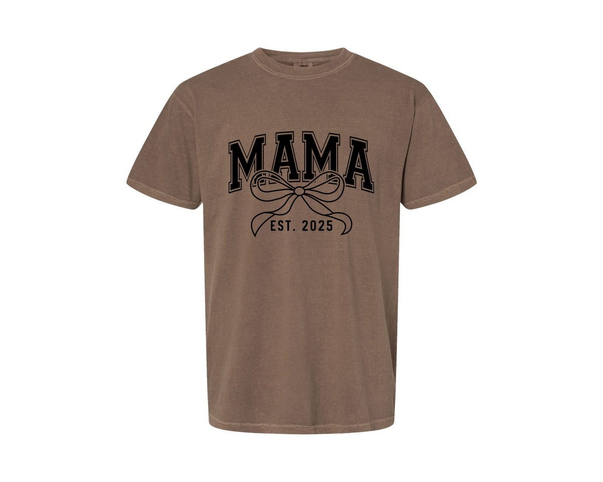 brand:Comfort Colors|color:Espresso|Mama Bow Varsity Graphic T-Shirt