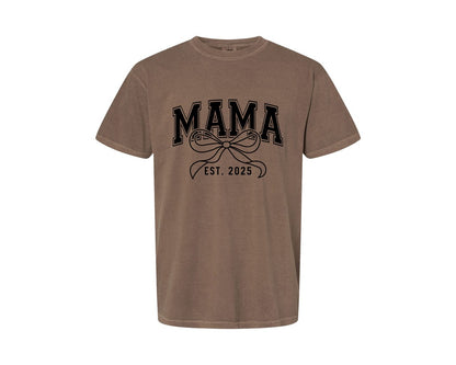 brand:Comfort Colors|color:Espresso|Mama Bow Varsity Graphic T-Shirt