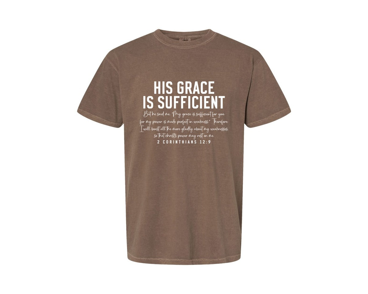 brand:Comfort Colors|color:Espresso|His Grace Is Sufficient 2 Corinthian Graphic T-Shirt