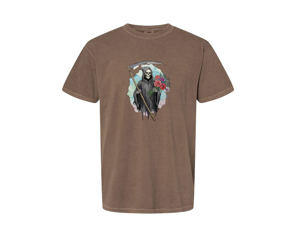 brand:Comfort Colors|color:Espresso|Grim Reaper With Flowers Gothic Graphic T-Shirt
