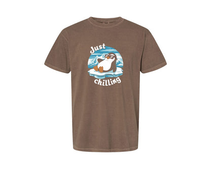 brand:Comfort Colors|color:Espresso|Just Chilling Penguin Pun Relaxed Vibes Graphic T-Shirt