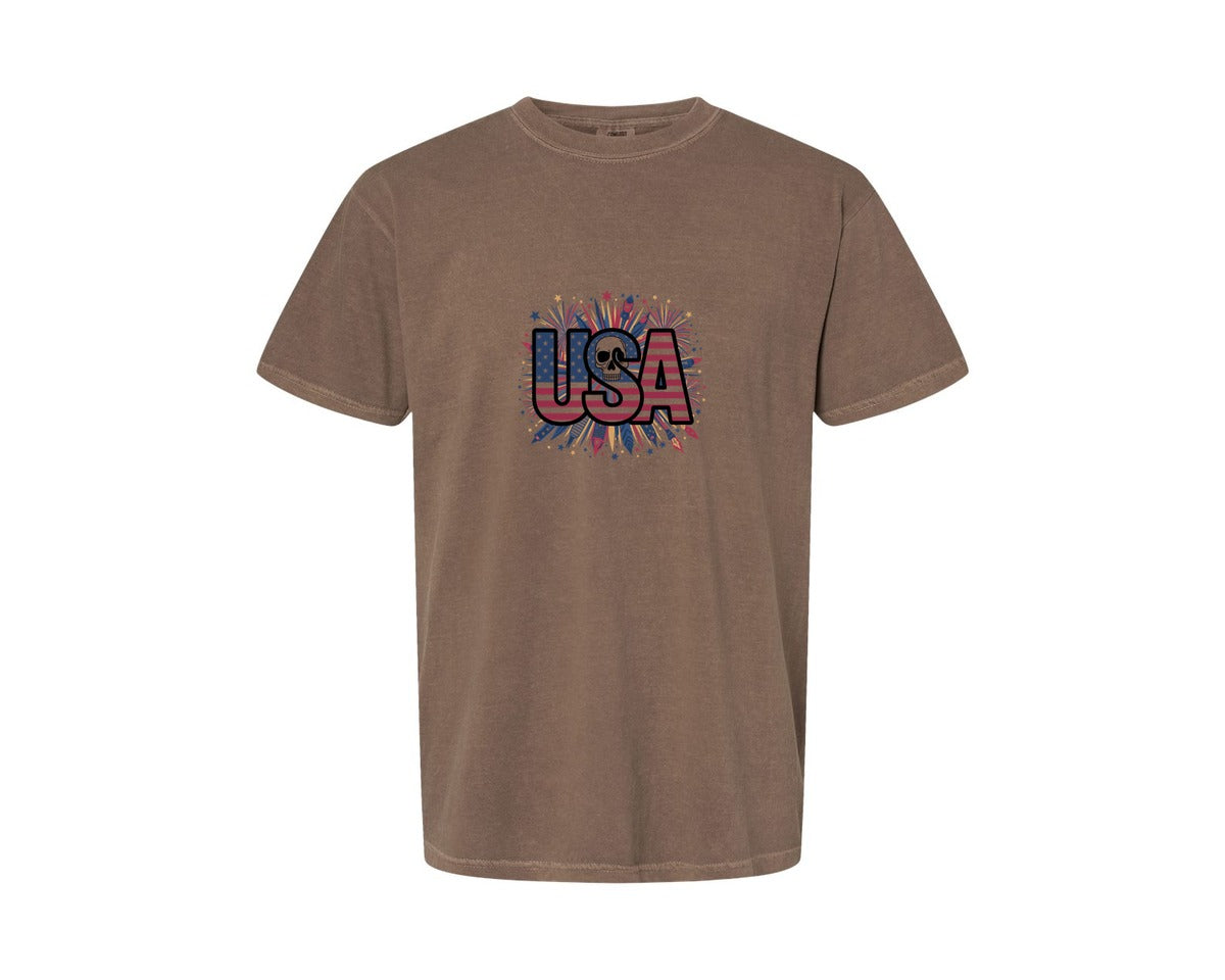 brand:Comfort Colors|color:Espresso|Usa Skull Fireworks 4Th Of July T Shirt 2 Graphic T-Shirt