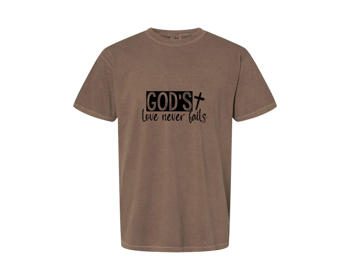 brand:Comfort Colors|color:Espresso|Gods Love Never Fails Sleeve Design 2 Graphic T-Shirt