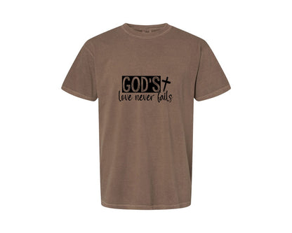 brand:Comfort Colors|color:Espresso|Gods Love Never Fails Sleeve Design 2 Graphic T-Shirt