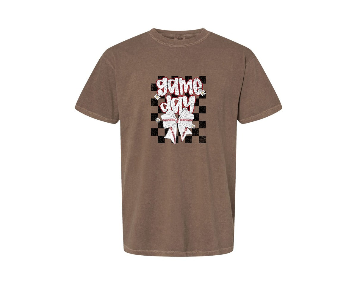 brand:Comfort Colors|color:Espresso|Checkered Baseball Game Day Graphic T-Shirt