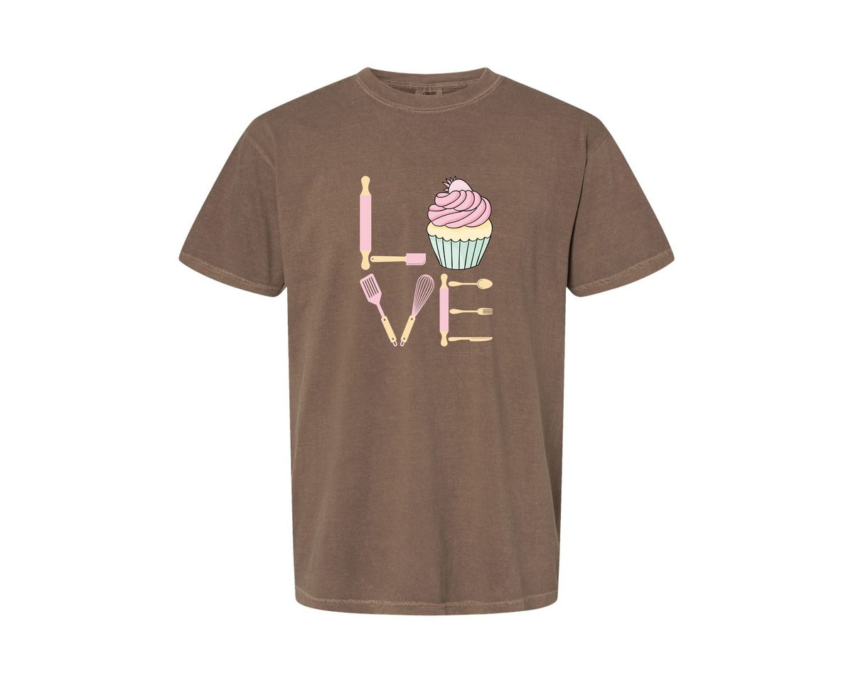 brand:Comfort Colors|color:Espresso|Baking Love Cupcake Whisk Spatula Graphic T-Shirt