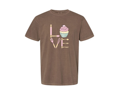 brand:Comfort Colors|color:Espresso|Baking Love Cupcake Whisk Spatula Graphic T-Shirt