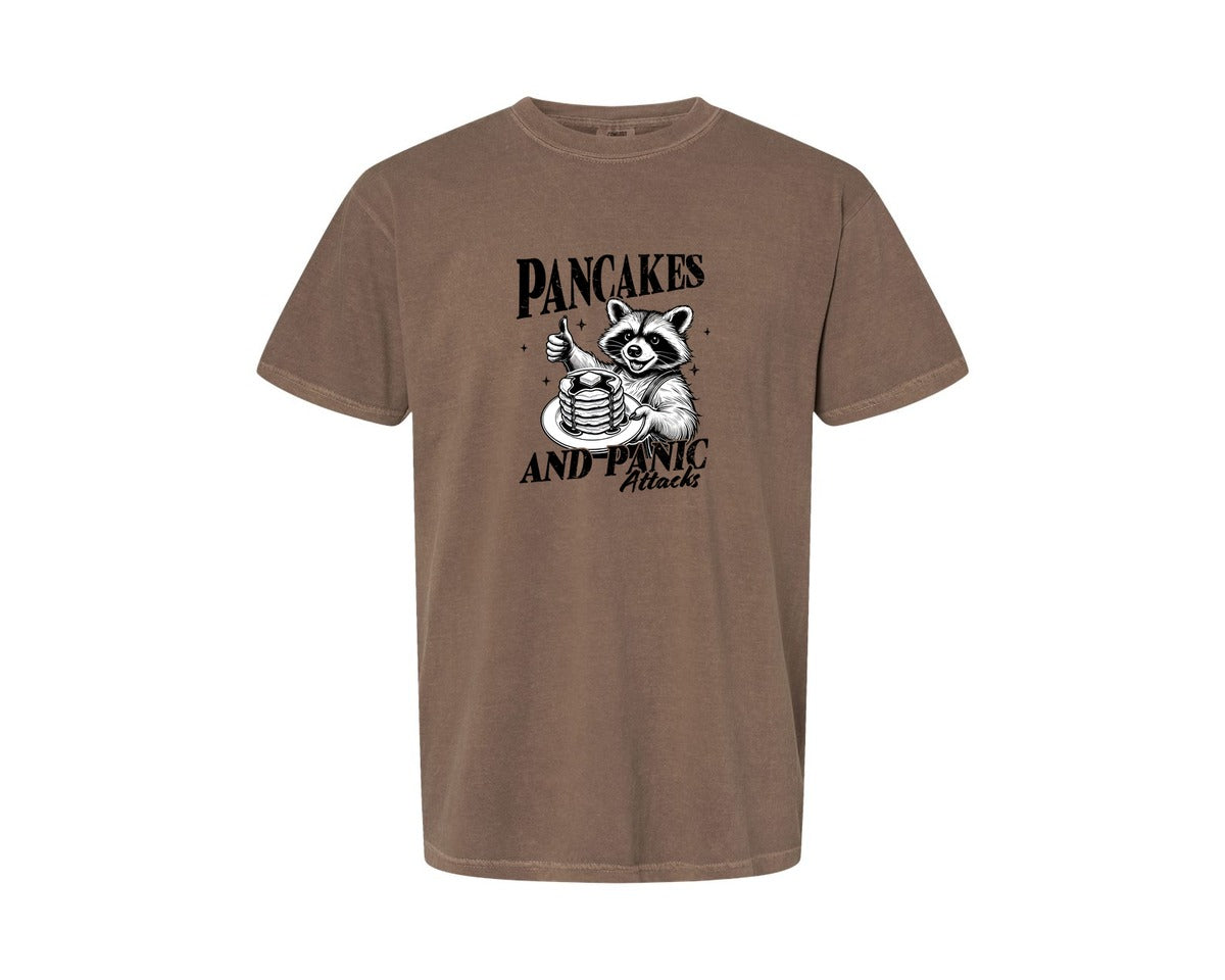 brand:Comfort Colors|color:Espresso|Mental Health Raccoon Pancakes And Panic Graphic T-Shirt