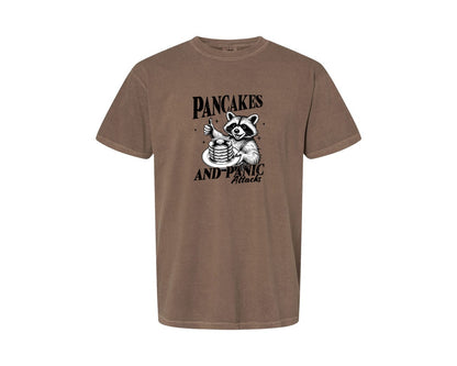 brand:Comfort Colors|color:Espresso|Mental Health Raccoon Pancakes And Panic Graphic T-Shirt